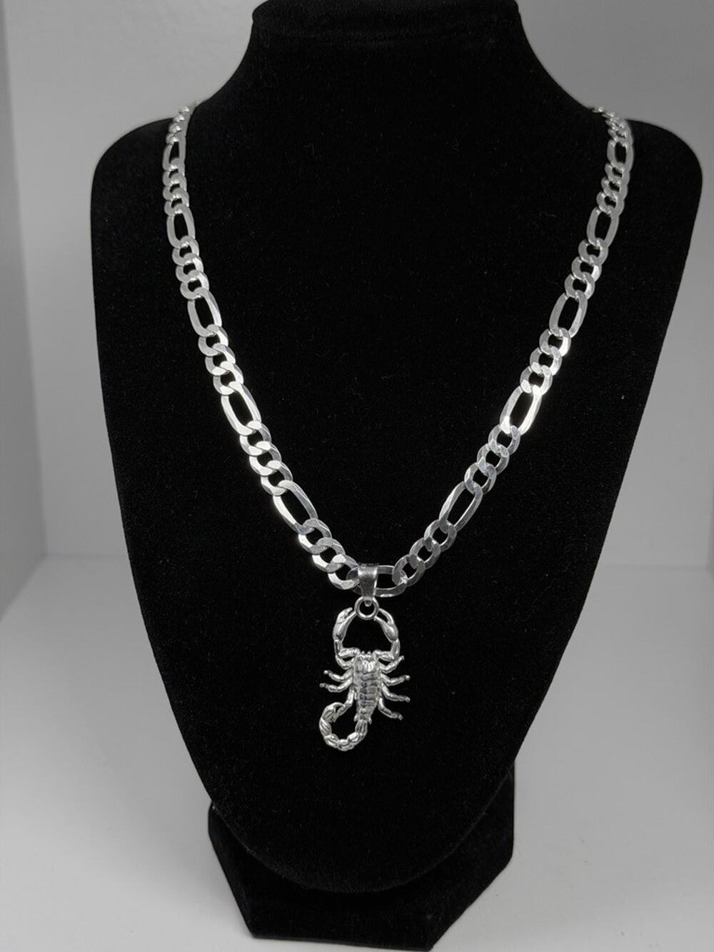 925 Sterling Silver Scorpion Pendant Necklace 22 Inch 7.6mm Figaro Chain Italy
